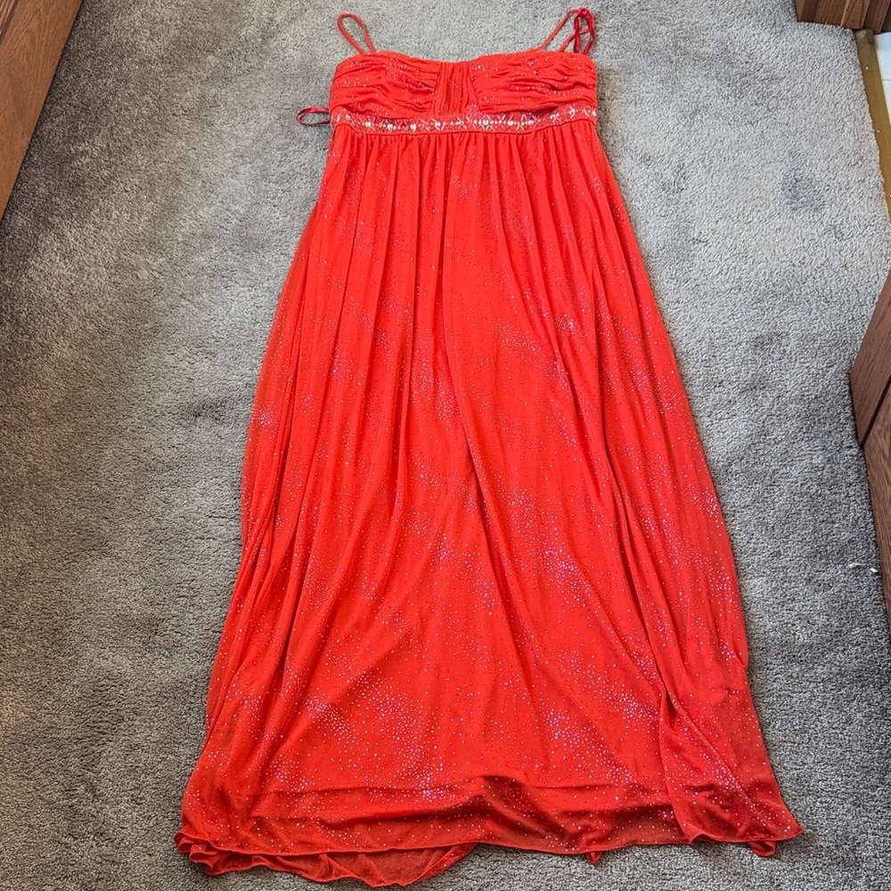 Newport News Orange Rhinestone Empire Waist Maxi Evening Dress SIZE 16